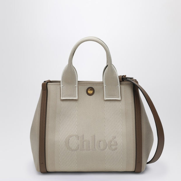 Chloé Carry Small Tote Bag In Beige Striped Canvas