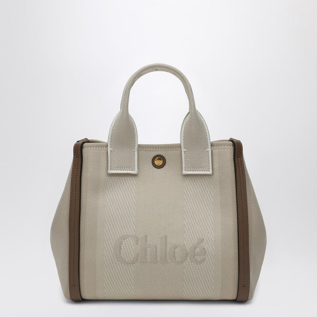 Chloé Carry Small Tote Bag In Beige Striped Canvas