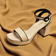 Larroude Dolly Low Sandal In Beige Raffia and Black Trimming