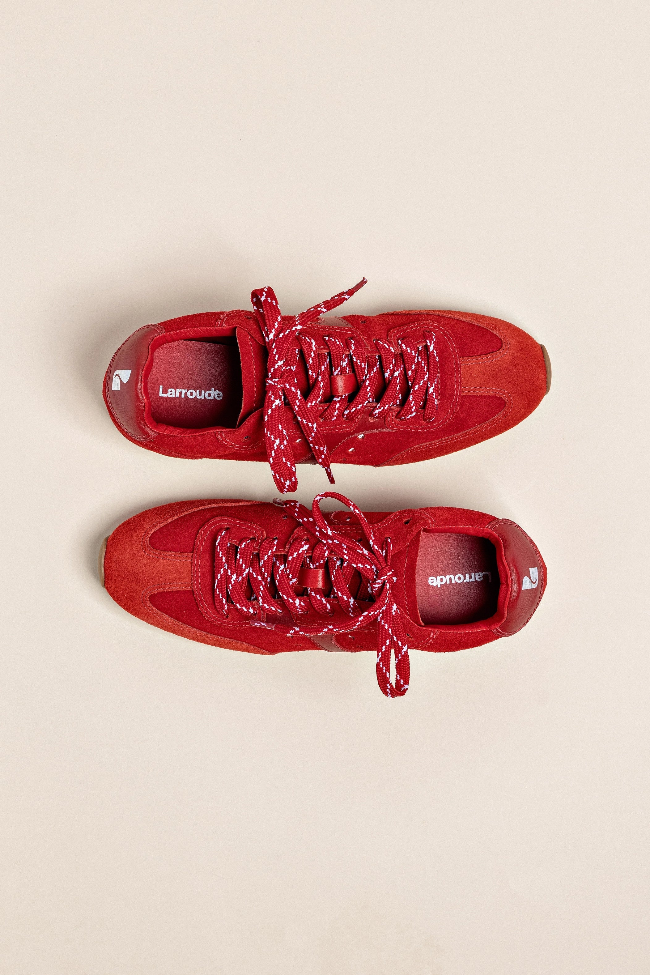 Larroude Stella Sneaker In Scarlet Suede And Blood Red Leather
