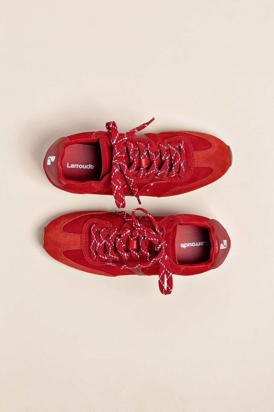 Larroude Stella Sneaker In Scarlet Suede And Blood Red Leather