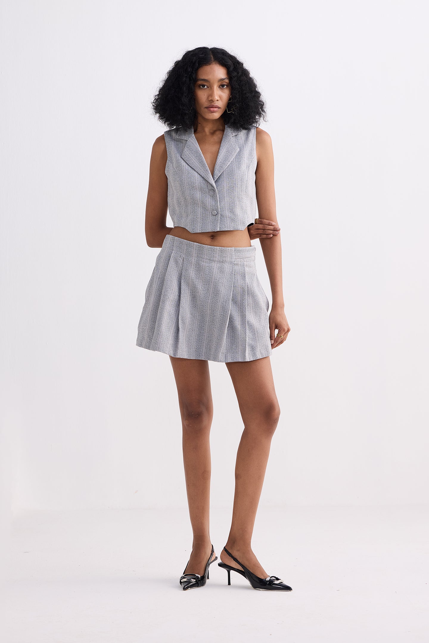 Reistor Cropped Cotton Tweed Vest Set in Grey