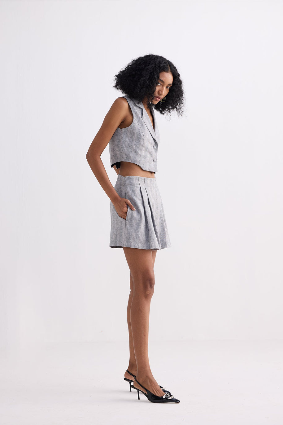 Reistor Cropped Cotton Tweed Vest Set in Grey