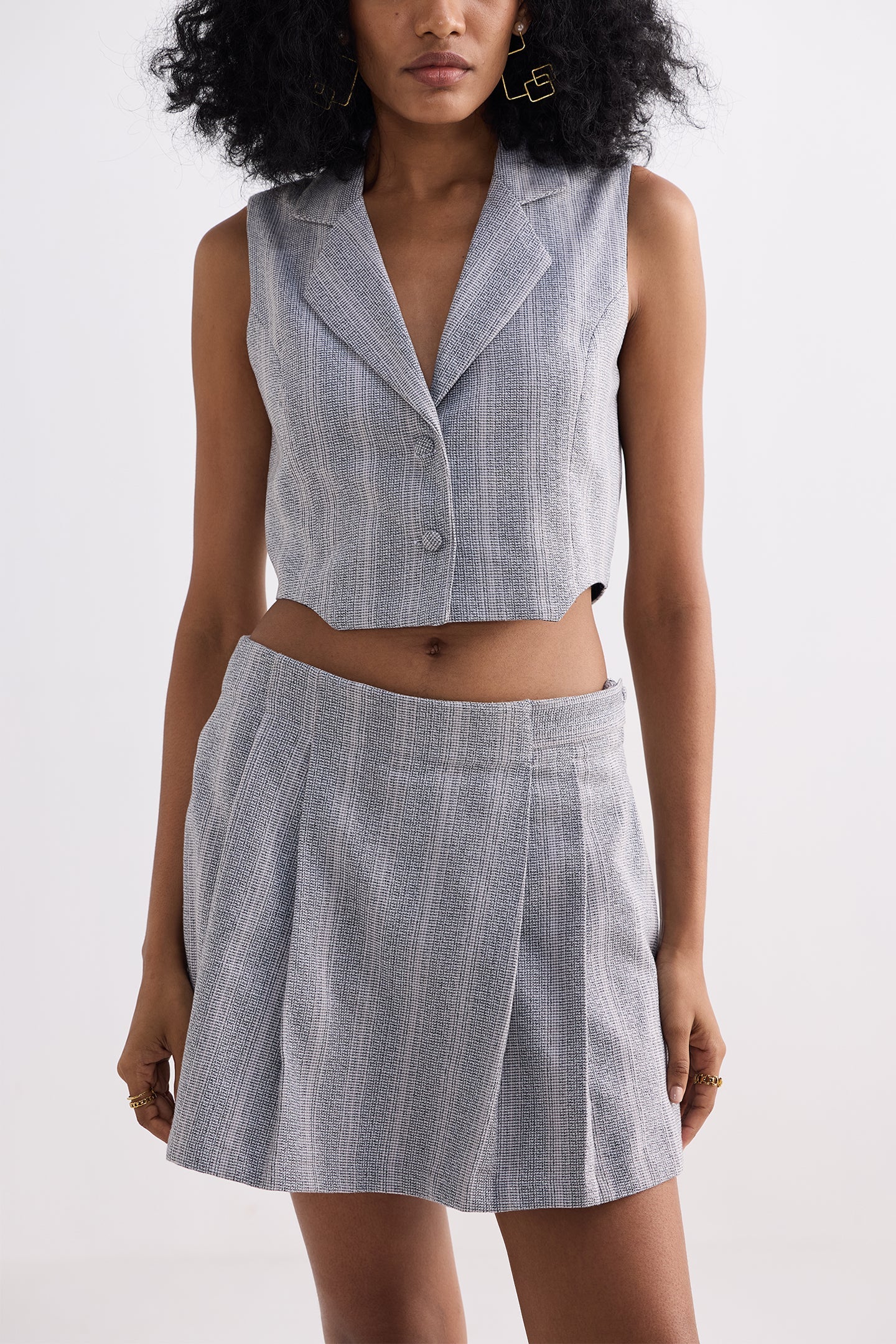 Reistor Cropped Cotton Tweed Vest Set in Grey