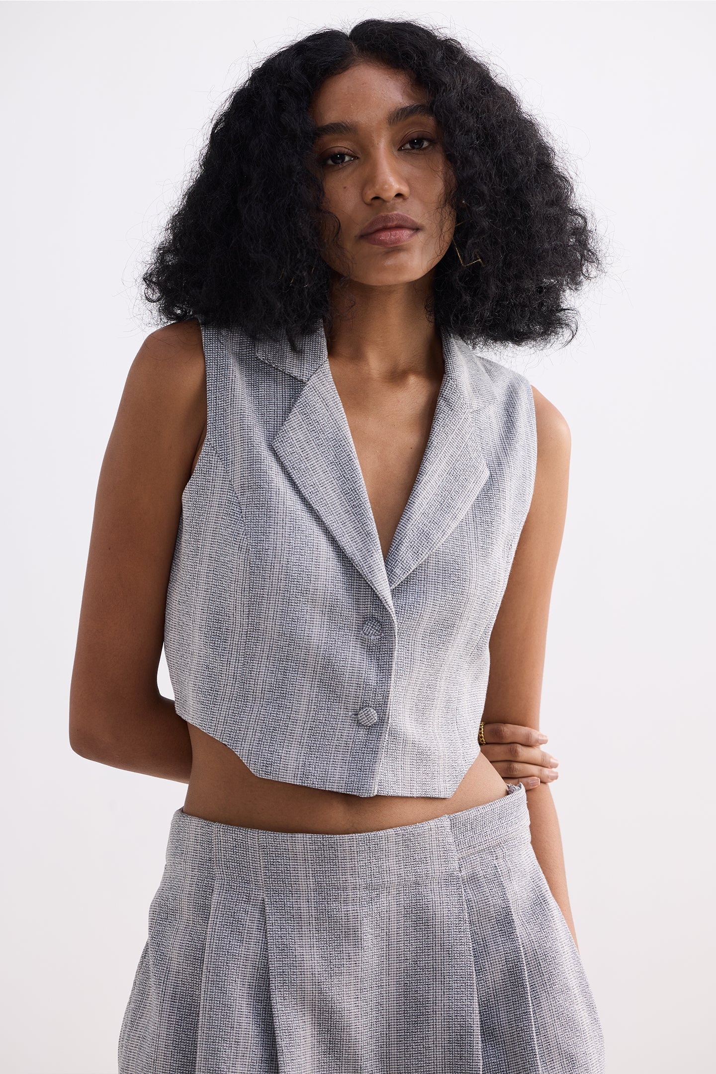 Reistor Cropped Cotton Tweed Vest Set in Grey
