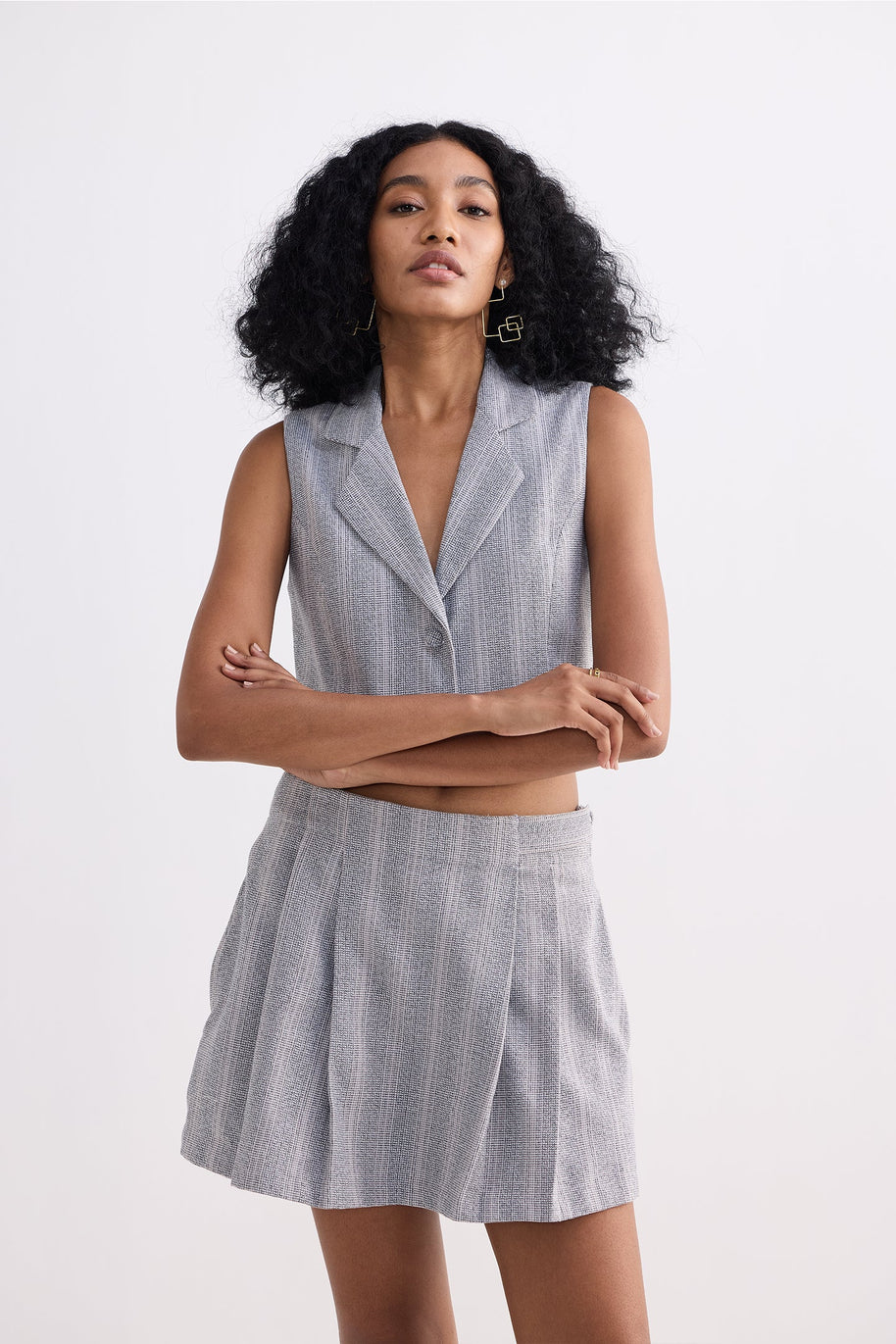 Reistor Cropped Cotton Tweed Vest Set in Grey