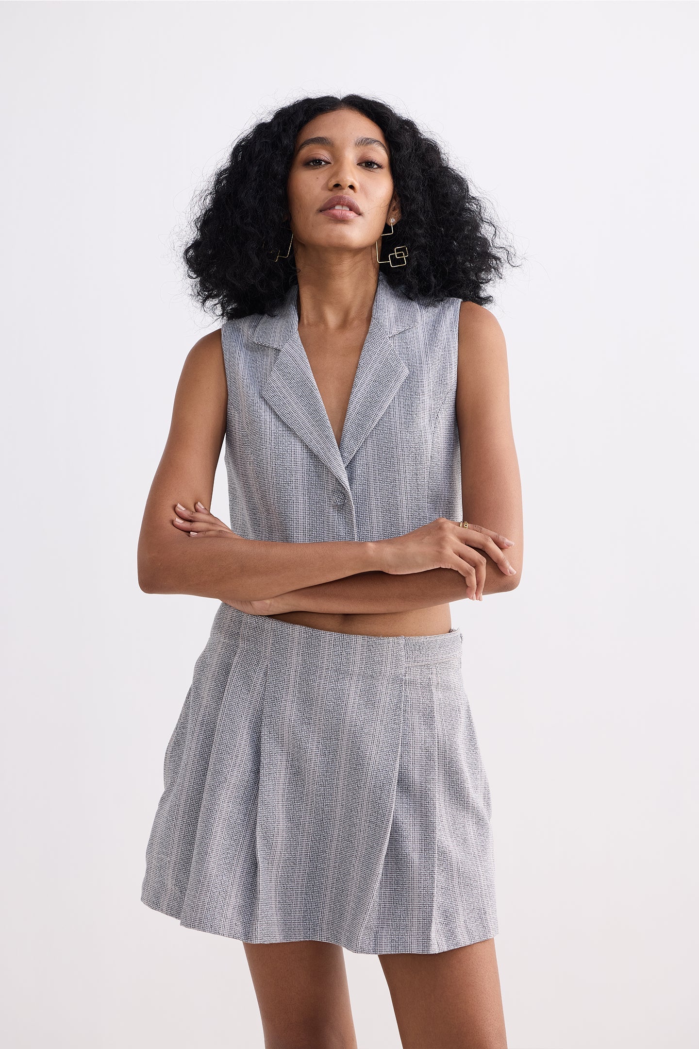 Reistor Cropped Cotton Tweed Vest Set in Grey