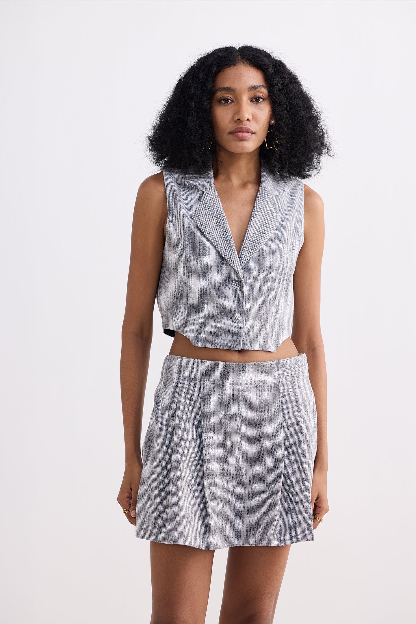 Reistor Cropped Cotton Tweed Vest Set in Grey