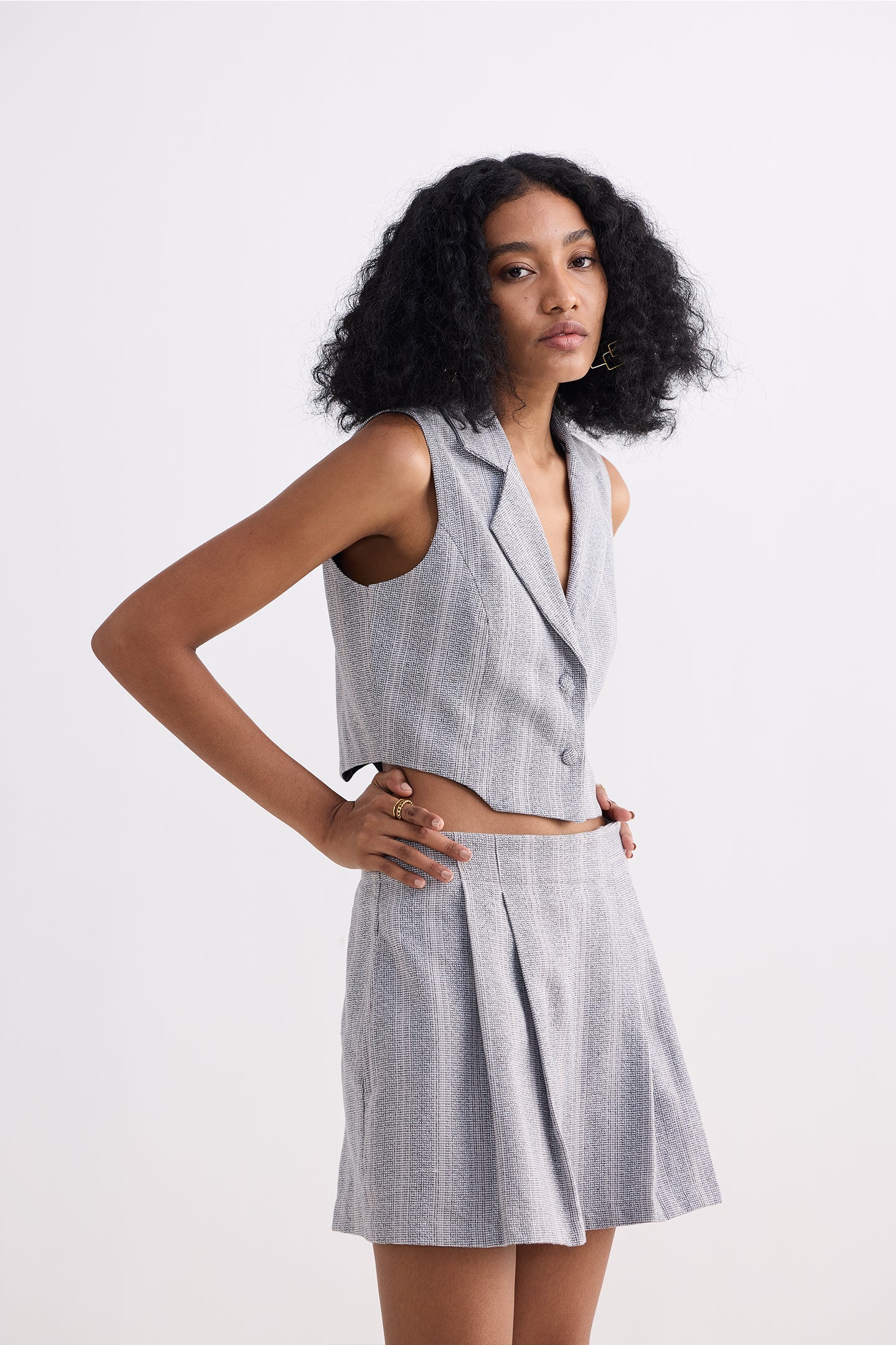 Reistor Cropped Cotton Tweed Vest Set in Grey