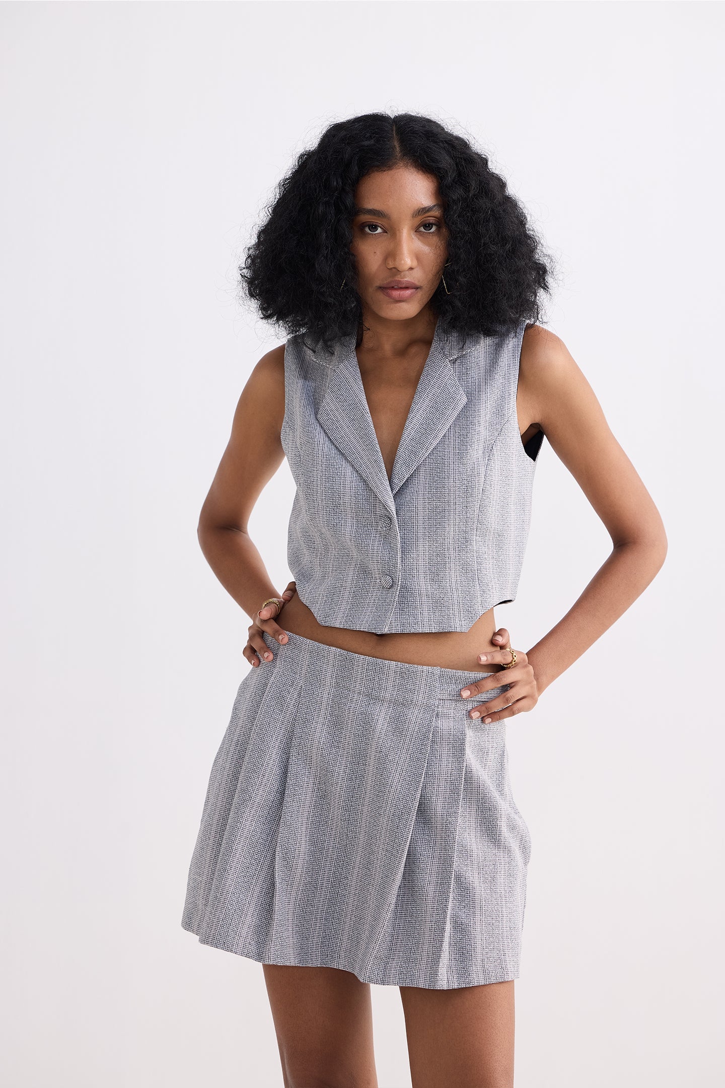 Reistor Cropped Cotton Tweed Vest Set in Grey