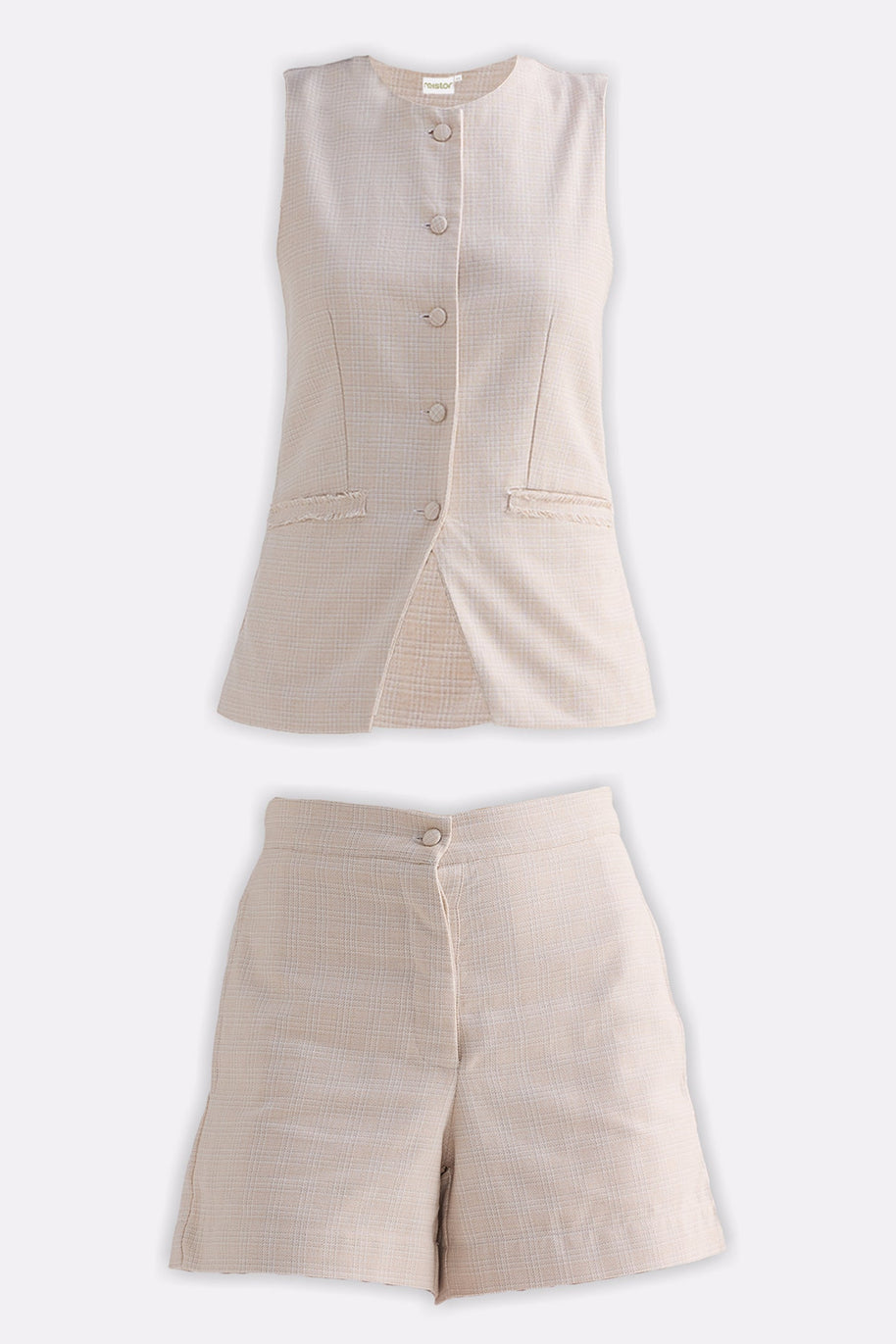 Reistor Cotton Tweed Vest Jacket Set In Cream