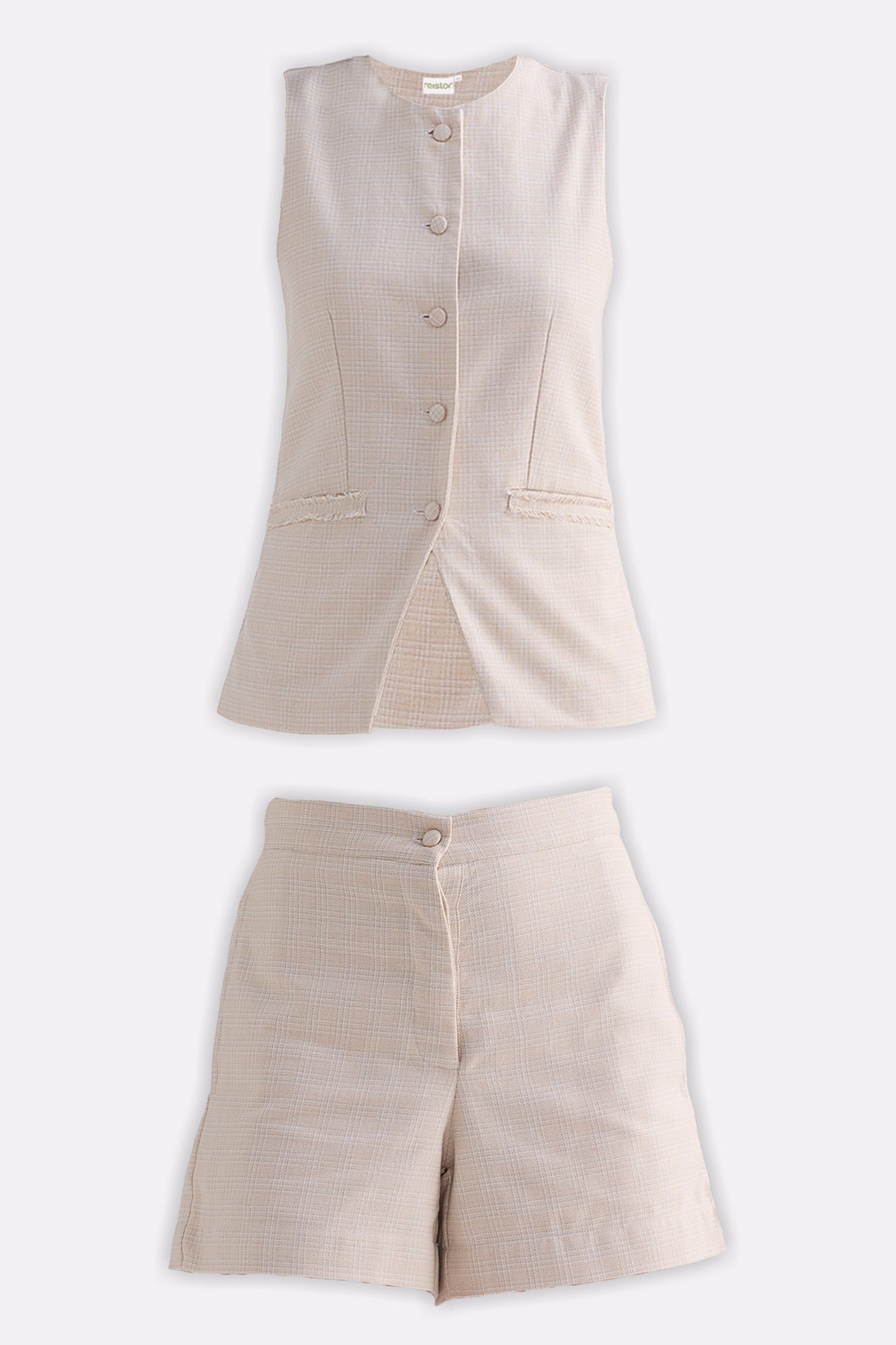 Reistor Cotton Tweed Vest Jacket Set In Cream