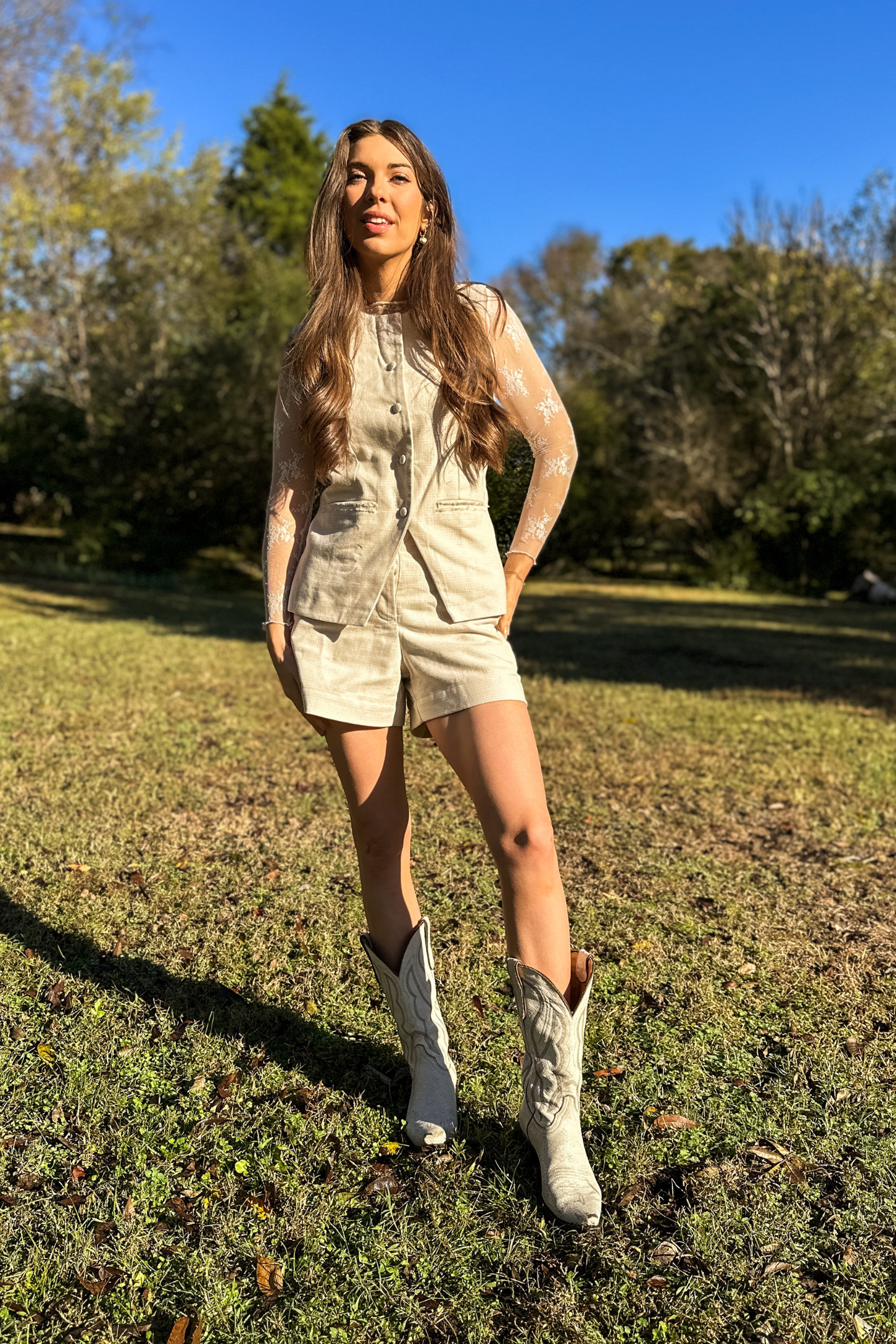 Reistor Cotton Tweed Vest Jacket Set In Cream