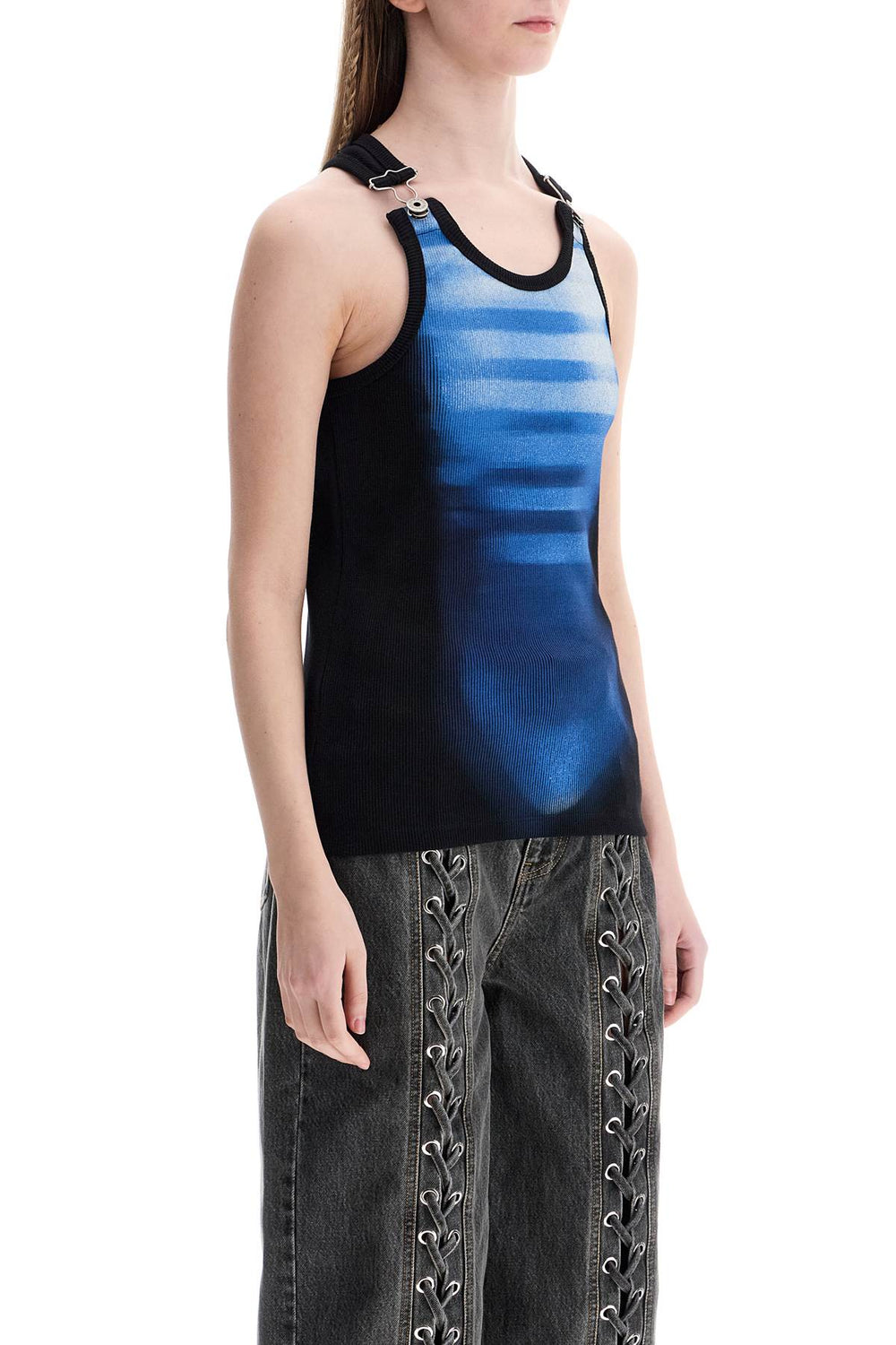 JEAN PAUL GAULTIER Sleeveless Blue Cotton Striped Top Le Male With Wide Neckline