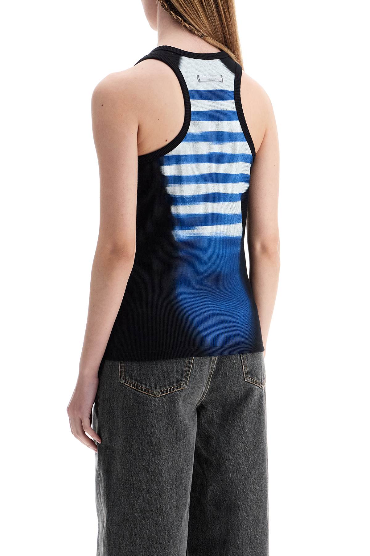 JEAN PAUL GAULTIER Sleeveless Blue Cotton Striped Top Le Male With Wide Neckline