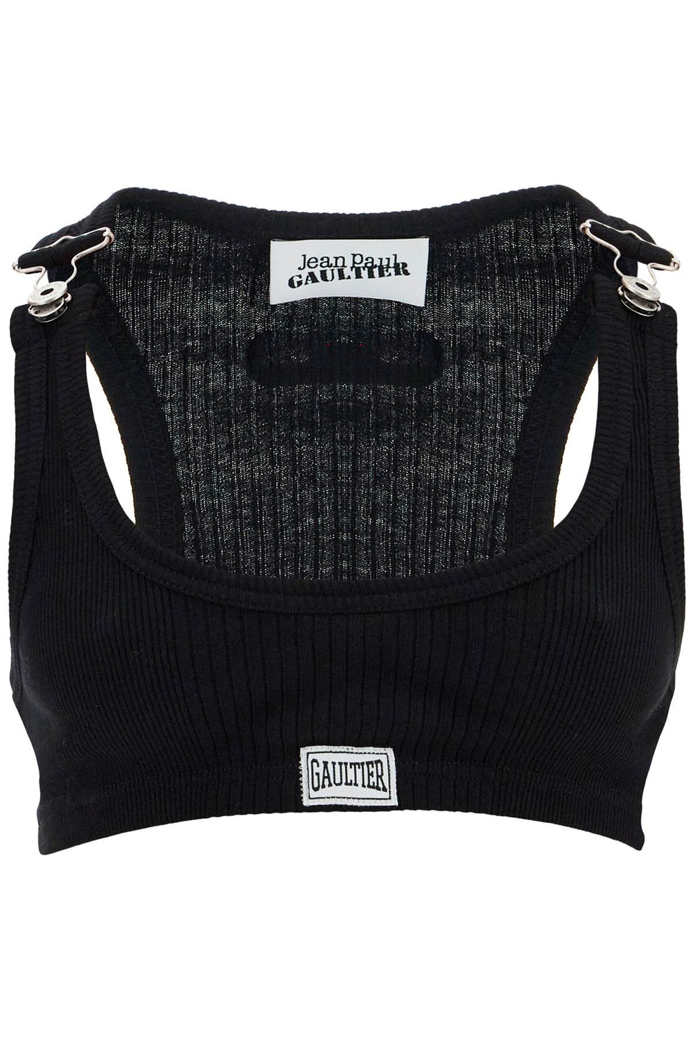 JEAN PAUL GAULTIER Black Cotton Crop Tank Top With Clip For Overalls