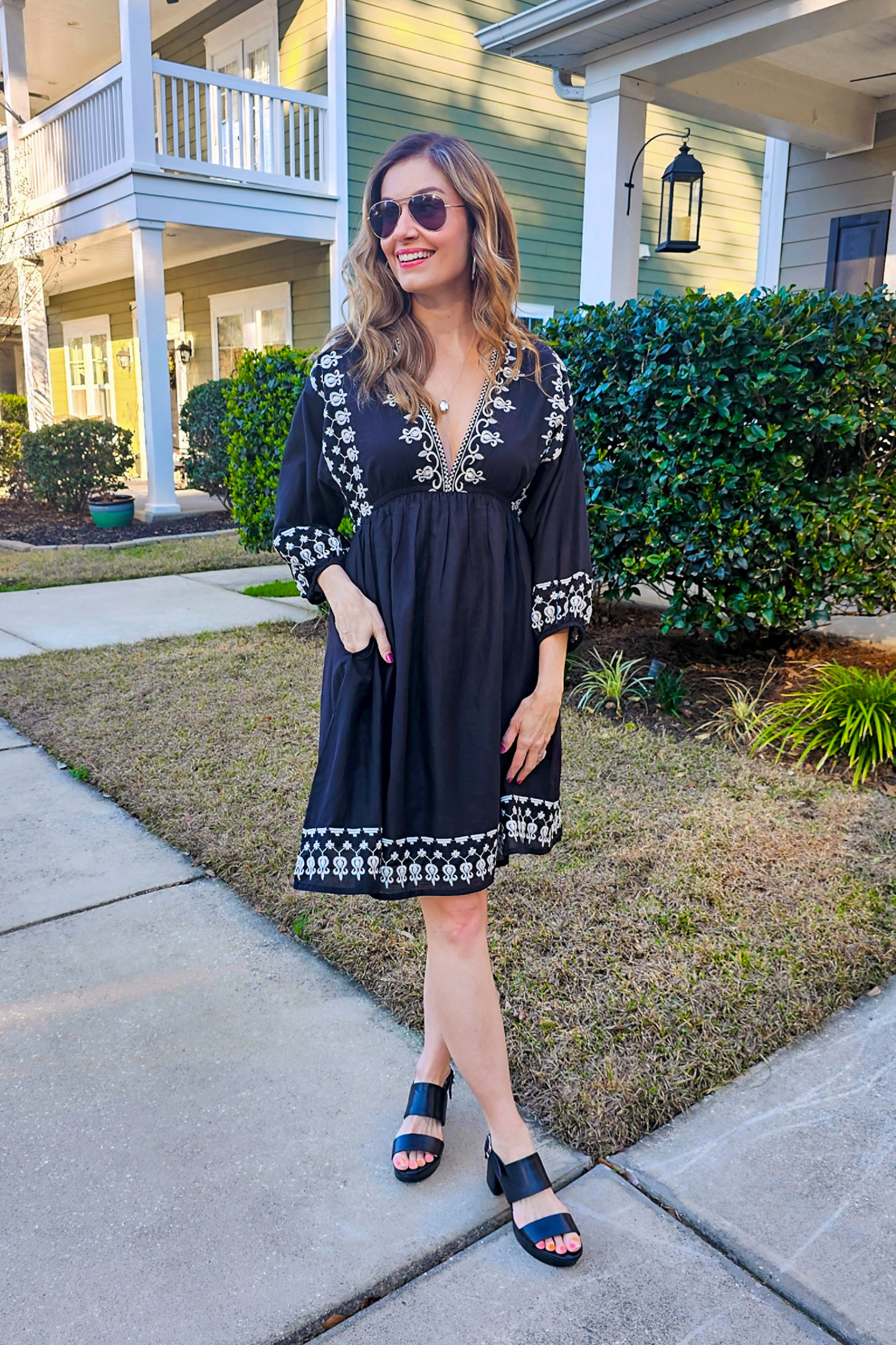 Reistor Deep V Embroidered Dress in Black