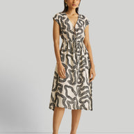 Reistor Deep V-neck Gathered Dress in Black Stripes