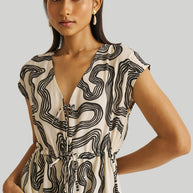 Reistor Deep V-neck Gathered Dress in Black Stripes