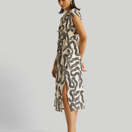 Reistor Deep V-neck Gathered Dress in Black Stripes