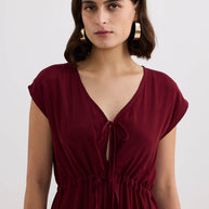 Reistor Deep V-neck Gathered Dress in Burgundy