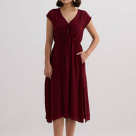 Reistor Deep V-neck Gathered Dress in Burgundy