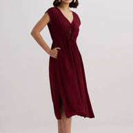Reistor Deep V-neck Gathered Dress in Burgundy