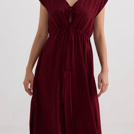 Reistor Deep V-neck Gathered Dress in Burgundy