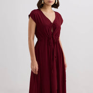 Reistor Deep V-neck Gathered Dress in Burgundy