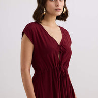 Reistor Deep V-neck Gathered Dress in Burgundy