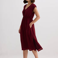 Reistor Deep V-neck Gathered Dress in Burgundy