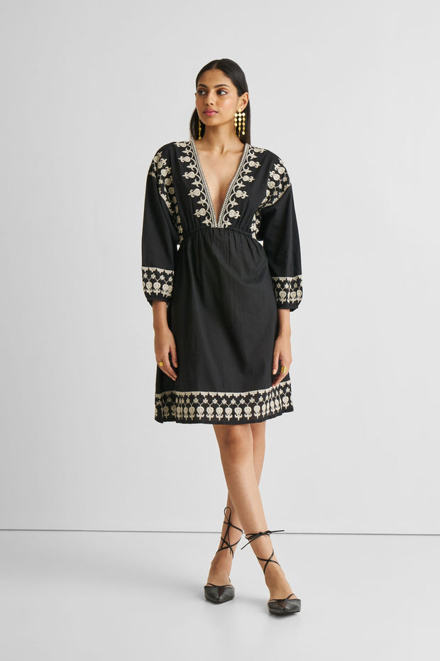 Reistor Deep V Embroidered Dress in Black