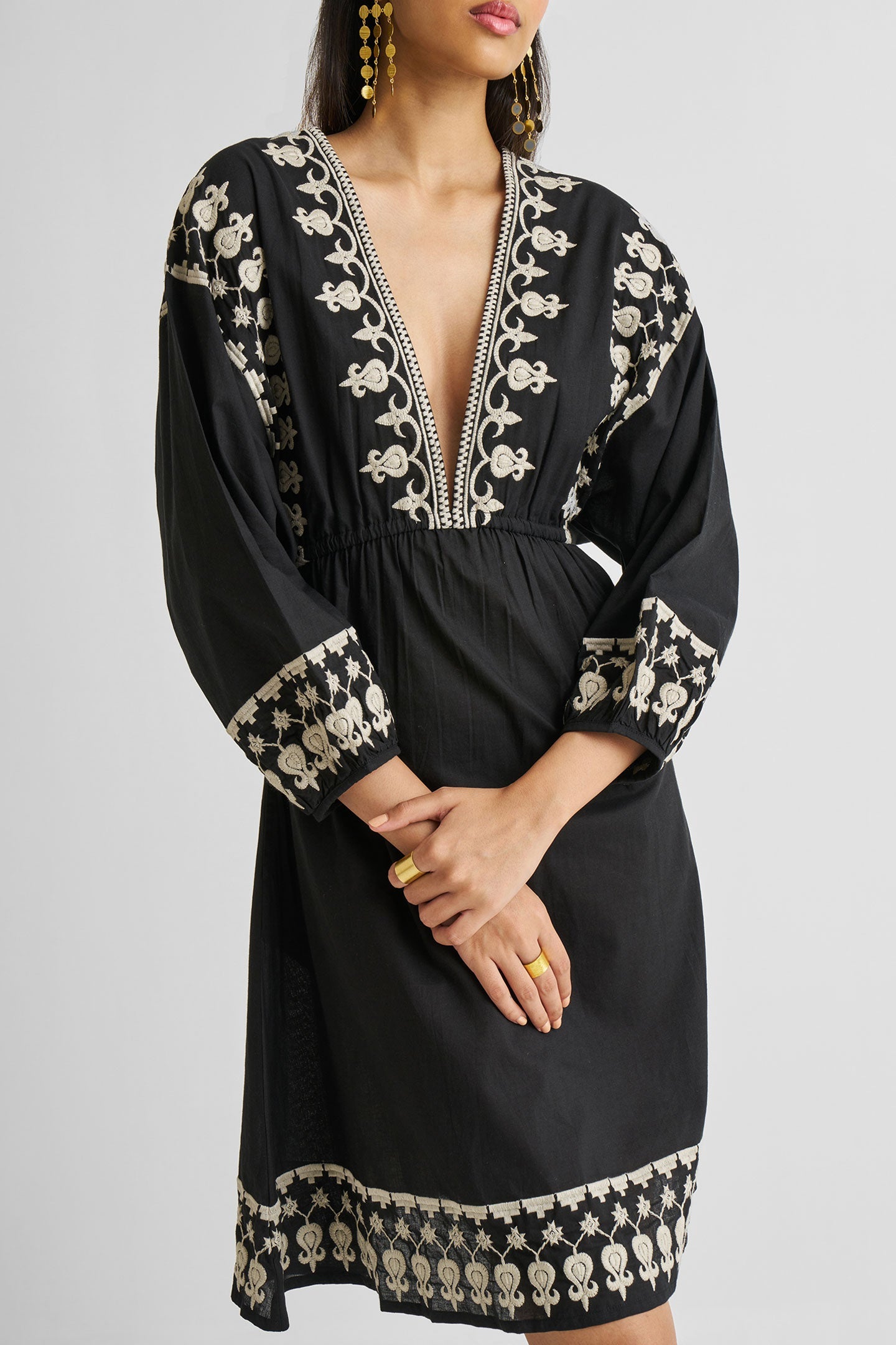 Reistor Deep V Embroidered Dress in Black
