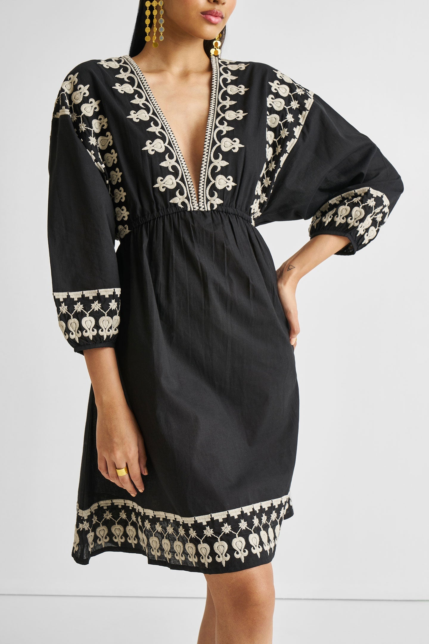 Reistor Deep V Embroidered Dress in Black