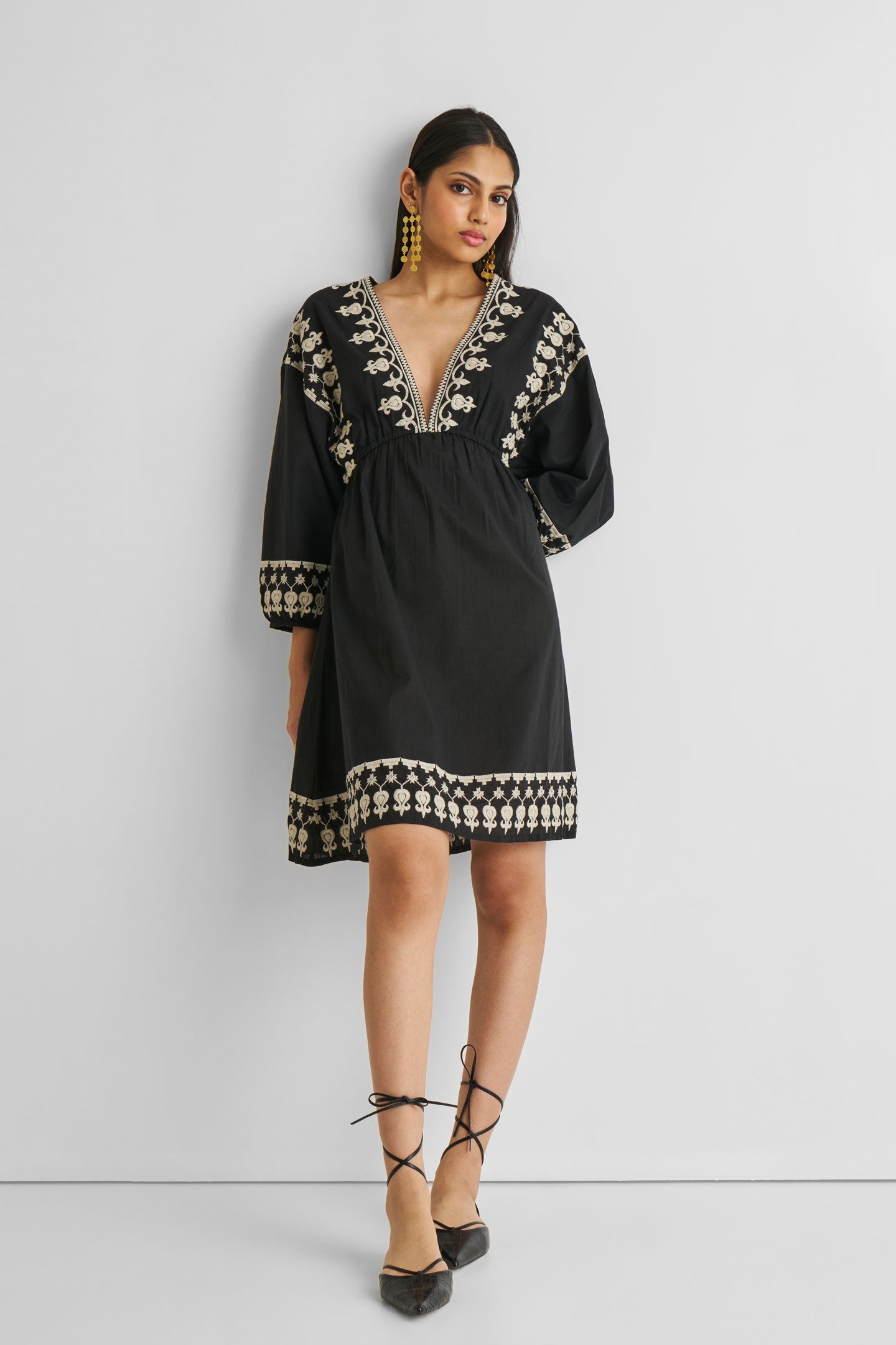 Reistor Deep V Embroidered Dress in Black