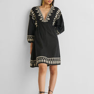 Reistor Deep V Embroidered Dress in Black