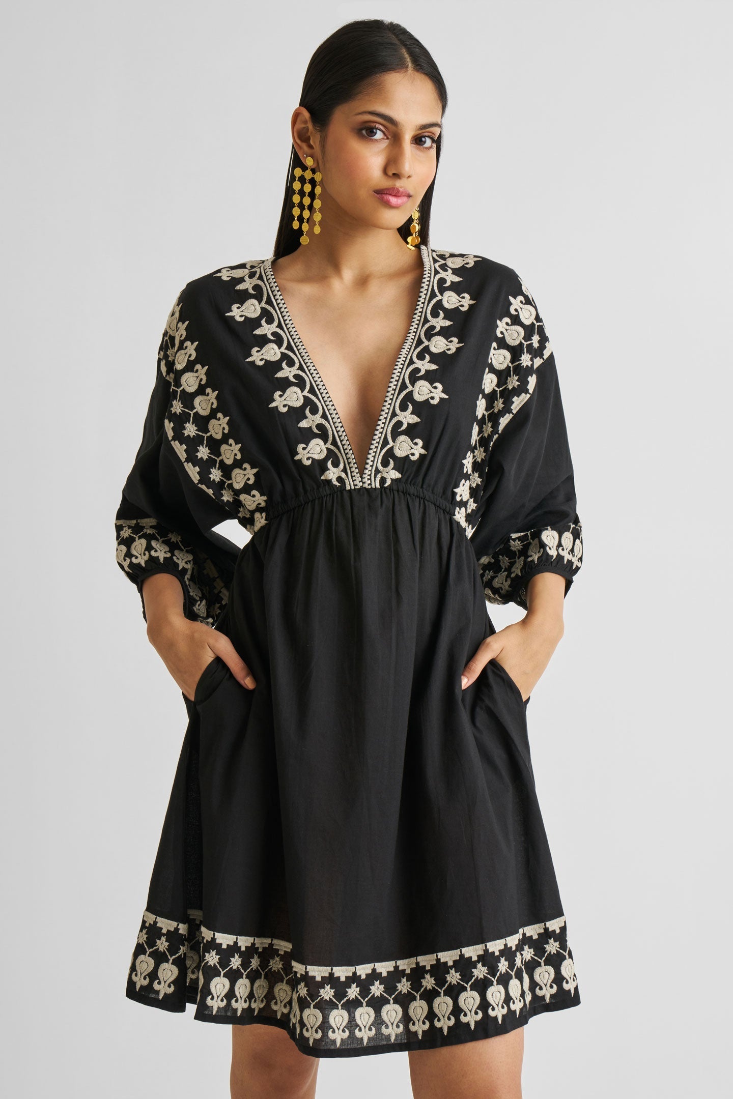 Reistor Deep V Embroidered Dress in Black