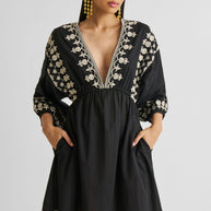 Reistor Deep V Embroidered Dress in Black