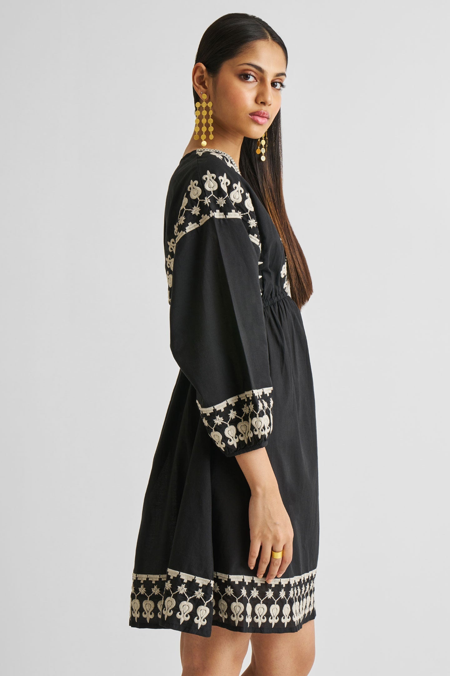 Reistor Deep V Embroidered Dress in Black