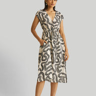 Reistor Deep V-neck Gathered Dress in Black Stripes