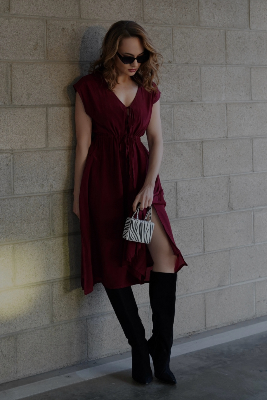 Reistor Deep V-neck Gathered Dress in Burgundy