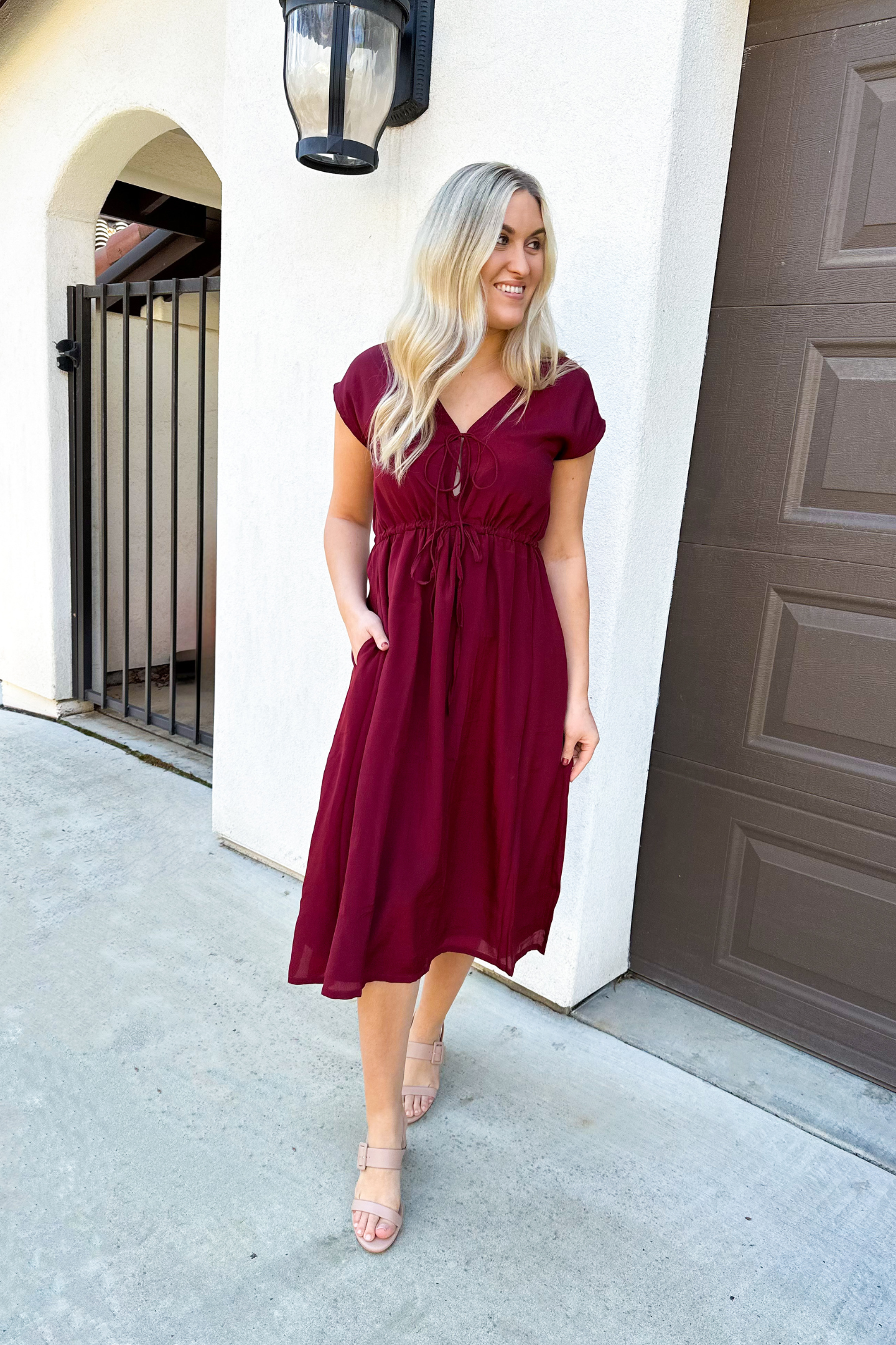 Reistor Deep V-neck Gathered Dress in Burgundy