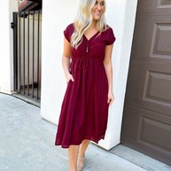Reistor Deep V-neck Gathered Dress in Burgundy