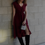Reistor Deep V-neck Gathered Dress in Burgundy