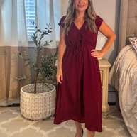 Reistor Deep V-neck Gathered Dress in Burgundy