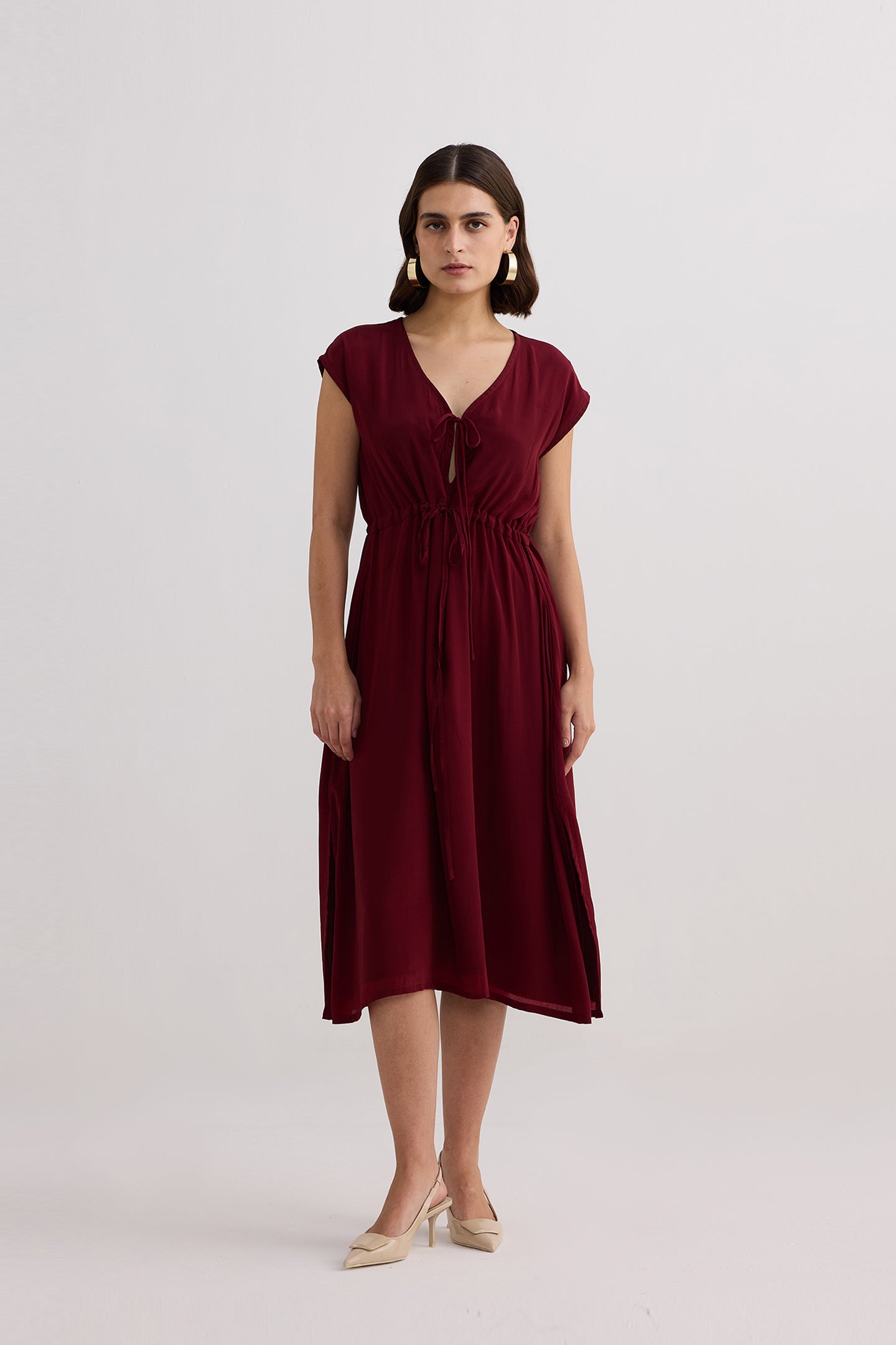 Reistor Deep V-neck Gathered Dress in Burgundy