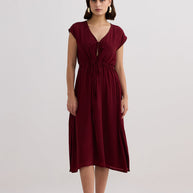 Reistor Deep V-neck Gathered Dress in Burgundy