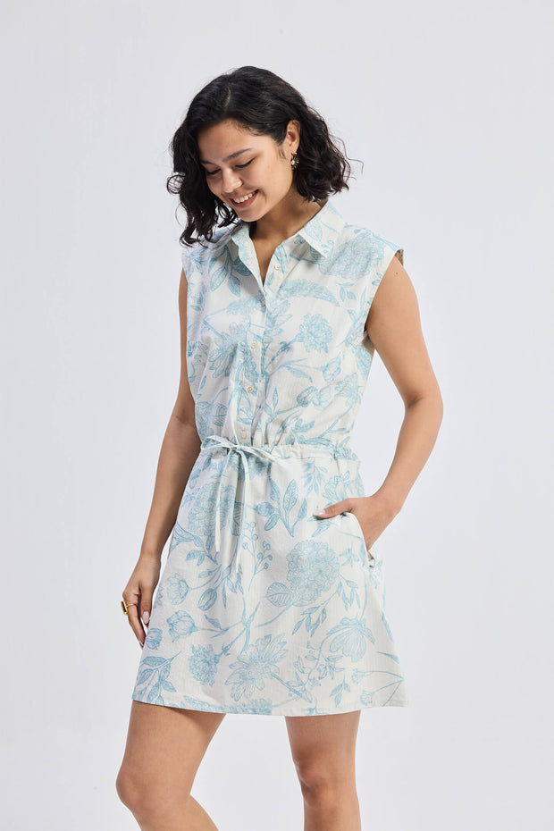 Reistor Drawstring Shirt Dress in Blue Florals