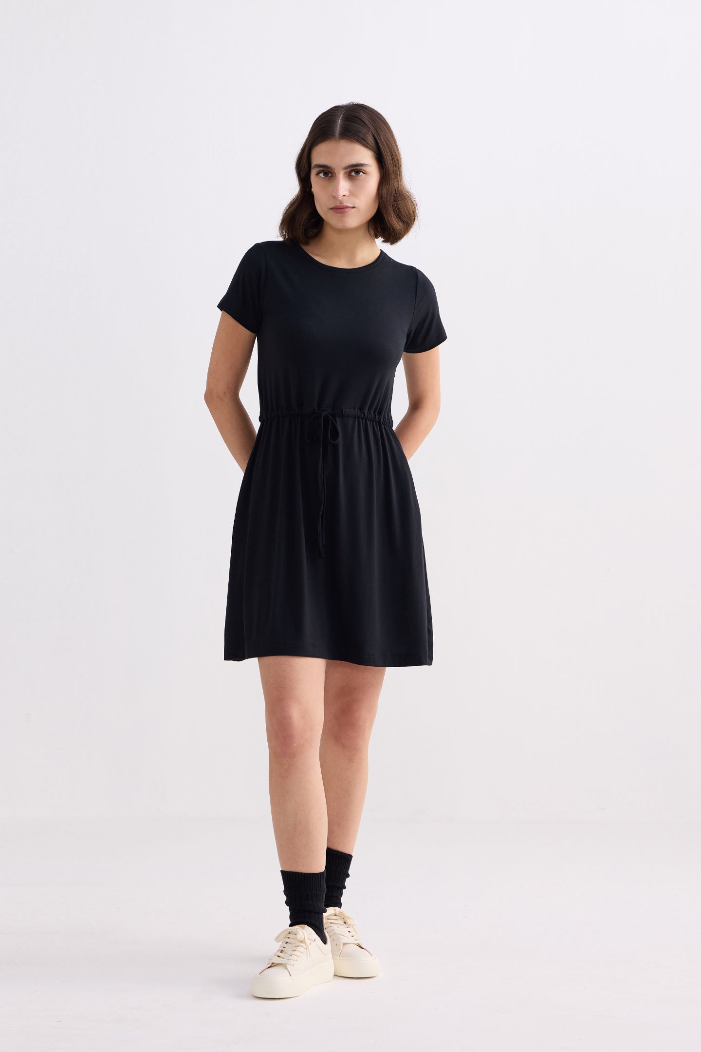 Reistor Drawstring Short T-shirt Dress in Black