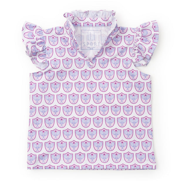 Ellie Girls' Sleeveless Performance Top By LH Sport - Tennis Crest Pink